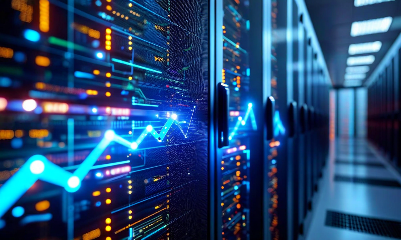 An upward trending business graph with computer chip imagery and data center elements in blue tones, symbolizing Intel's revenue growth and market recovery