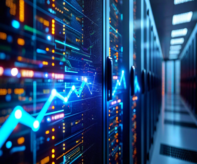 An upward trending business graph with computer chip imagery and data center elements in blue tones, symbolizing Intel's revenue growth and market recovery