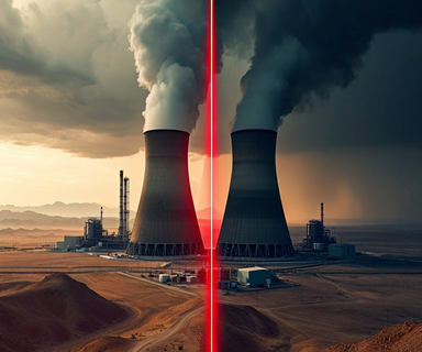 Split composition showing two nuclear facilities in desert landscapes connected by crossing missile trajectories against a dark sky, representing the Iran-Israel nuclear confrontation and strategic escalation
