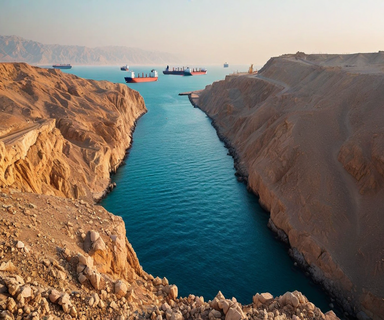 Aerial view of the Strait of Hormuz showing the strategic waterway with commercial ships passing through, illustrating the critical maritime corridor central to Iran's diplomatic negotiations