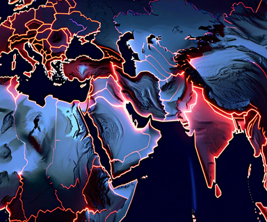 Strategic military operations map showing the Middle East region with Iran highlighted, featuring abstract targeting indicators and infrastructure markers overlaid on a topographical display in dark blue and red tones