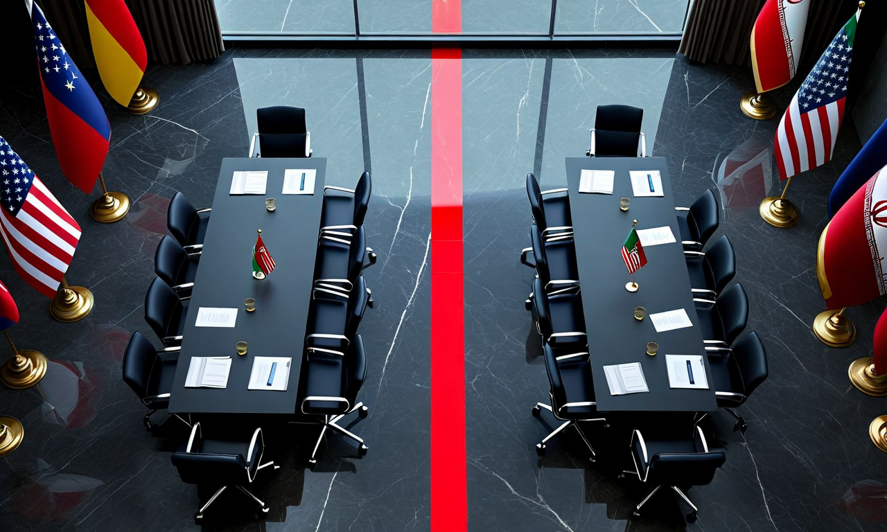 Aerial view of two opposing negotiation tables separated by a glowing red line on the floor, representing U.S.-Iran diplomatic redlines and non-negotiable conditions in nuclear negotiations