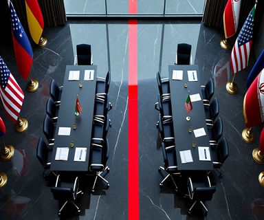 Aerial view of two opposing negotiation tables separated by a glowing red line on the floor, representing U.S.-Iran diplomatic redlines and non-negotiable conditions in nuclear negotiations