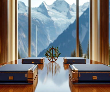 A diplomatic negotiation table with documents and briefcases representing U.S. and Iranian officials, with Swiss Alps visible in the background and an olive branch symbolizing mediation in the center