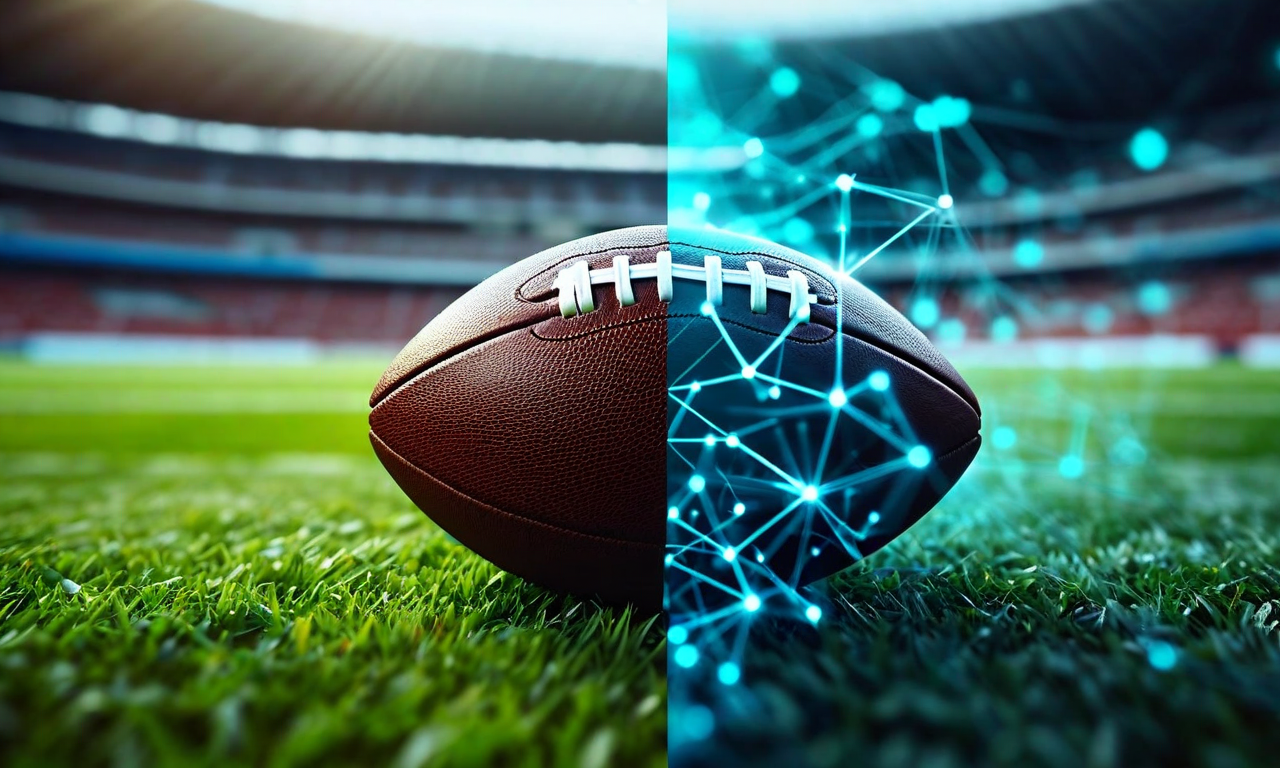 Split composition showing a traditional football on grass transitioning into abstract digital AI network patterns, representing the intersection of sports tradition and artificial intelligence technology