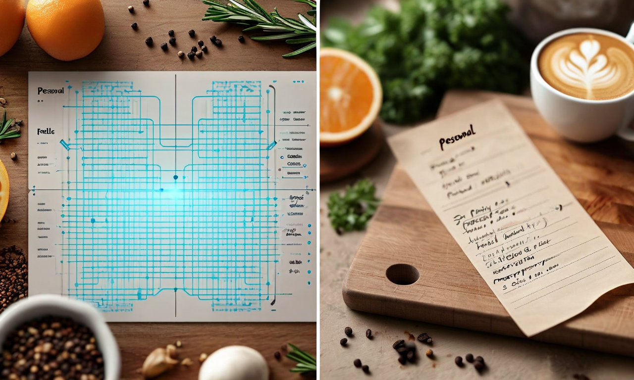 Split comparison image showing a digital AI-generated recipe card with circuit patterns and repetitive text on the left, contrasted with a warm handwritten human recipe card with personal touches on the right, separated by a magnifying glass examining both
