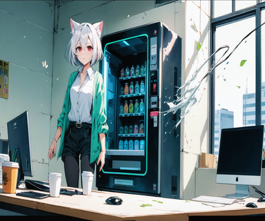 原因は見つかったのに動かない大きな自販機の前で、道具箱のキャラクターが抜けたプラグを持って困り顔をし、客たちが待っているイラスト。Neko-sanが慌てて巻き込まれている。