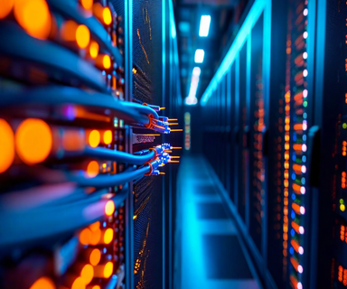 Illuminated fiber optic cables with glowing data streams in the foreground connecting to data center server infrastructure in the background, representing the physical network layer of AI infrastructure