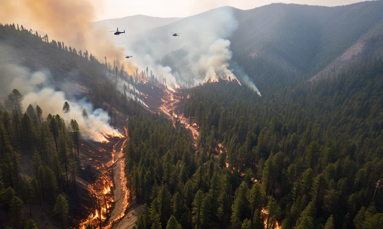 Aerial view of steep mountainous forest terrain with firefighting crews working on firebreaks through dense coniferous trees, smoke rising through valleys, showing the challenging geography of wildfire containment operations