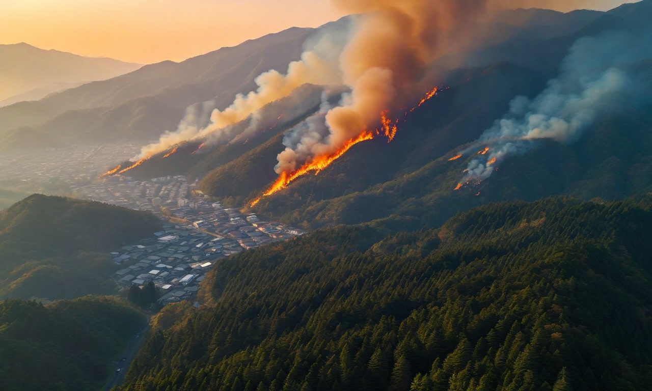 Aerial view of a wildfire spreading through forested mountains above a residential town, with smoke plumes rising from the tree-covered slopes and an orange glow visible among the dense forest canopy