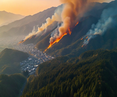 Aerial view of a wildfire spreading through forested mountains above a residential town, with smoke plumes rising from the tree-covered slopes and an orange glow visible among the dense forest canopy