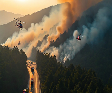 Aerial view of forest fire response operations at dawn in mountainous terrain, showing helicopters approaching smoke-covered forest with emergency vehicles on access roads