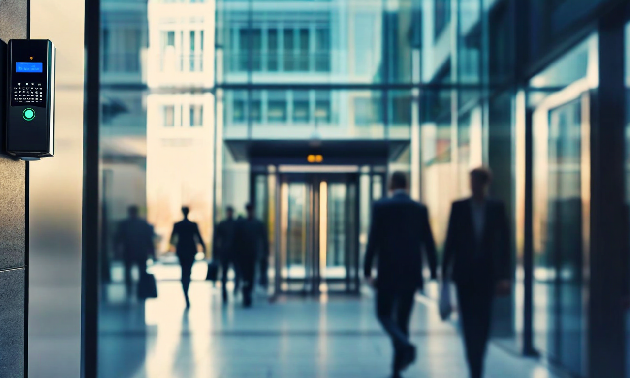Modern office building entrance with security features including cameras and access controls, depicting the intersection of commercial accessibility and workplace safety concerns in an urban business environment