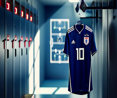 An empty soccer jersey hanging in a locker room with tactical equipment in the background, symbolizing a key player's absence from an important match