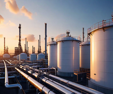 Large cylindrical petroleum storage tanks at a Japanese strategic oil reserve facility, with industrial pipelines in the foreground and clear sky above, representing national energy security infrastructure