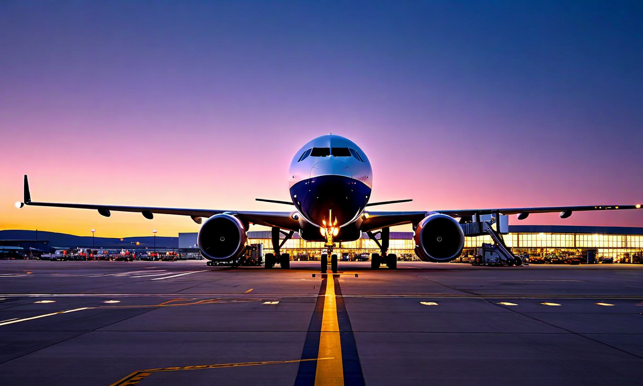A commercial aircraft on an airport tarmac during evening hours with terminal buildings in the background, representing the arrival of a charter repatriation flight