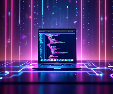 A modern MacBook laptop displaying code editor with AI neural network visualizations flowing locally around the device, representing on-device AI coding assistance without cloud connectivity