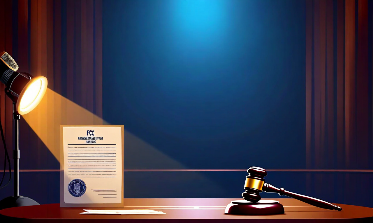 Split image showing an empty late-night talk show desk under stage lights on one side and official FCC regulatory documents with a gavel on the other, representing the conflict between broadcast entertainment and government regulation
