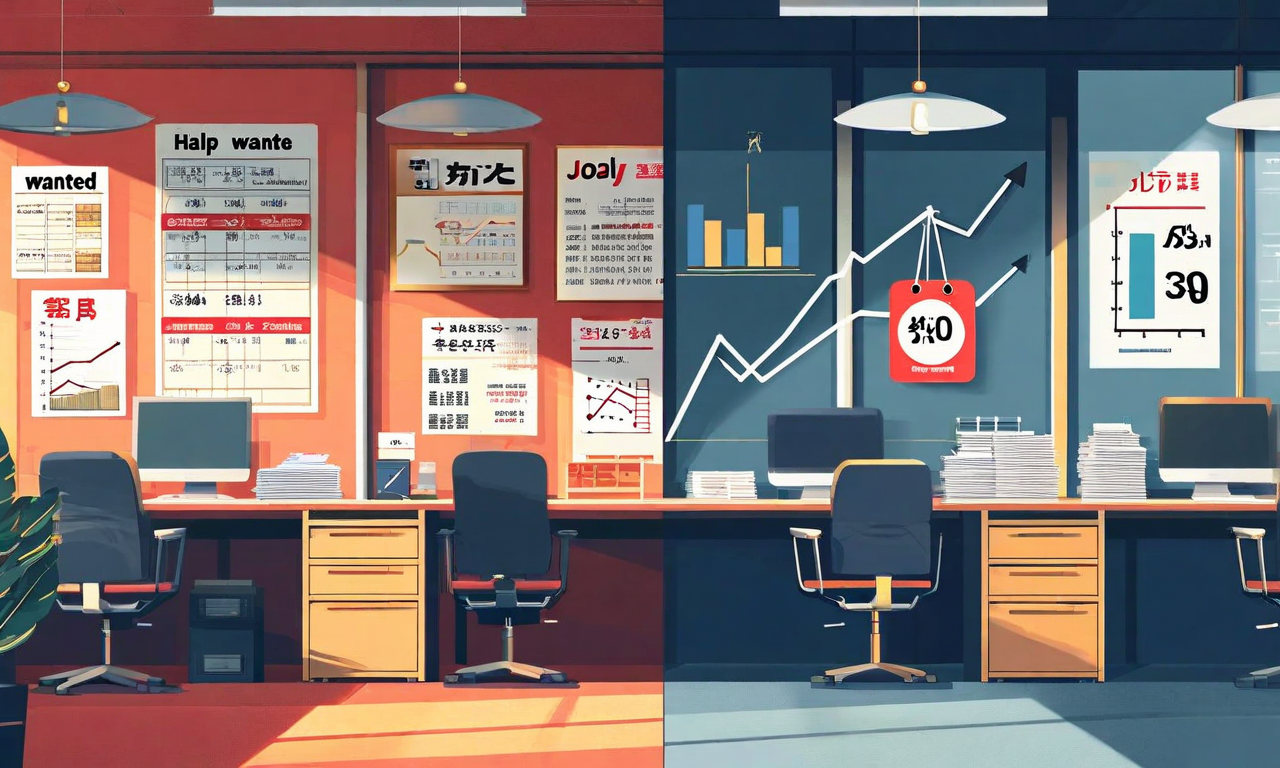 Split illustration depicting Japan's labor market paradox with job vacancy signs on one side and rising cost pressures on the other, separated by a balance scale representing the tension between labor demand and hiring constraints