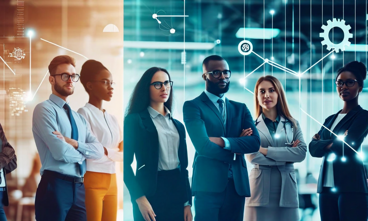 Split composition showing diverse job seekers on one side and abstract digital technology and specialized skill symbols on the other, illustrating the labor market skills mismatch