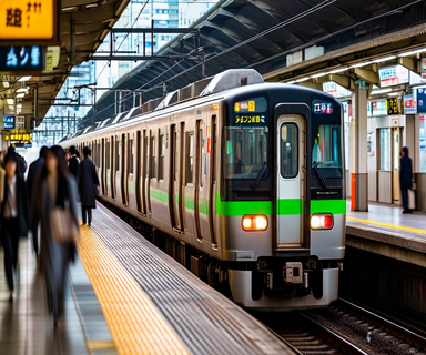 A JR East commuter train arriving at a busy Tokyo station platform with commuters waiting, representing the railway company's fare increase announcement