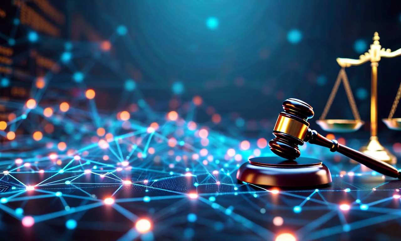 A conceptual image depicting digital platform infrastructure with algorithmic network patterns, overlaid with scales of justice symbolizing legal accountability and civil liability in technology regulation