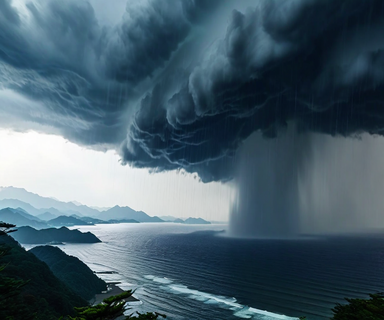 Dramatic heavy rainfall over mountainous volcanic terrain in Kagoshima Prefecture, showing dark storm clouds and intense precipitation bands descending over steep green slopes and valleys, illustrating severe convective weather conditions