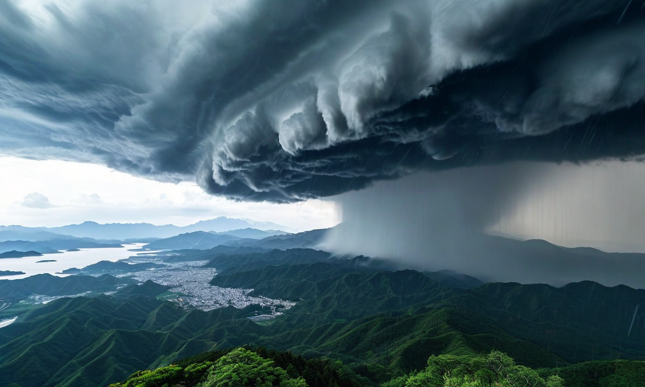 Aerial view of a linear precipitation band weather system with organized dark storm clouds producing intense rainfall over a mountainous coastal region, illustrating severe weather conditions in Kagoshima Prefecture