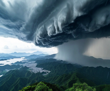 Aerial view of a linear precipitation band weather system with organized dark storm clouds producing intense rainfall over a mountainous coastal region, illustrating severe weather conditions in Kagoshima Prefecture