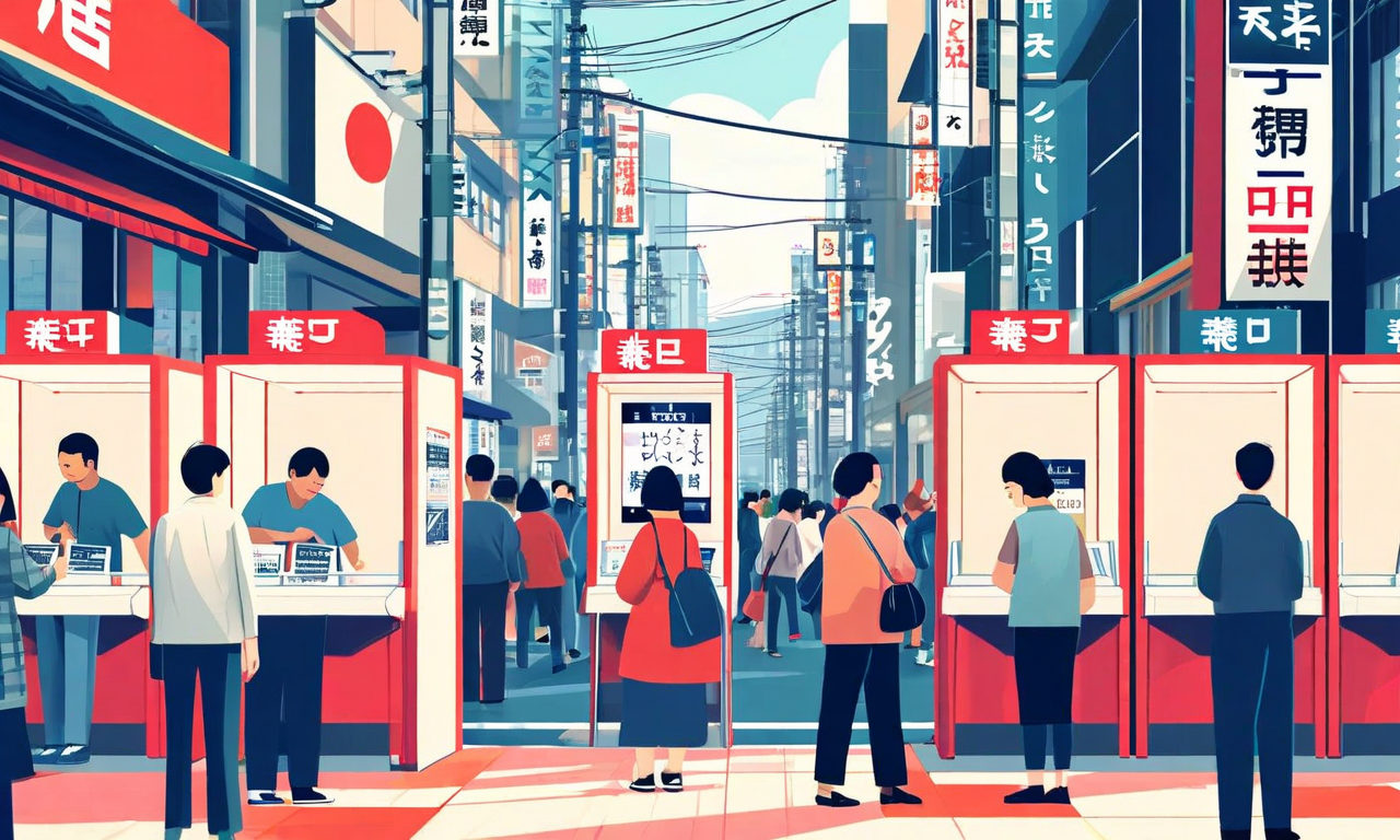 神奈川8区の選挙結果を象徴する現代的なイラスト。都市部の風景を背景に、異なる年代や背景を持つ多様な有権者が投票所で投票している様子、デジタル投票システム、政治的分断を表現する対比的なビジュアル要素が描かれている。民主主義プロセスと都市の複雑性を表現している。