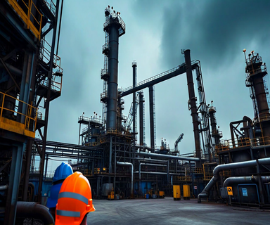 Industrial steel manufacturing facility with cranes and safety equipment in the foreground, photographed in muted tones to represent workplace safety concerns