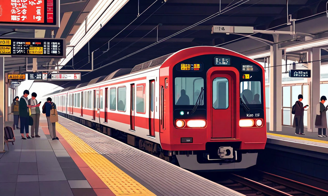 A Keio Line train stopped at a station platform during a service suspension, with passengers waiting calmly on the platform and information displays visible