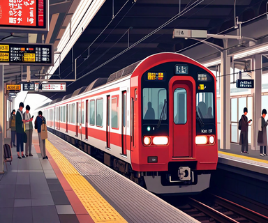 A Keio Line train stopped at a station platform during a service suspension, with passengers waiting calmly on the platform and information displays visible