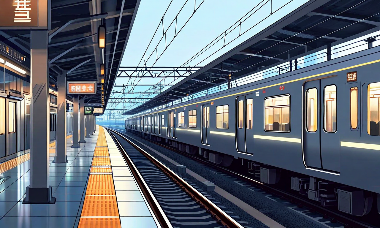 Elevated view of a modern Japanese railway station platform showing a commuter train and detailed track infrastructure in early morning light, emphasizing railway safety systems and engineering precision