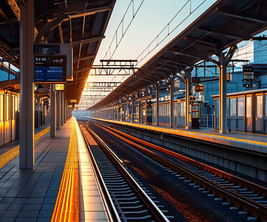 Railway tracks at a Japanese train station platform during sunrise, showing pristine infrastructure and systematic railway operations with emphasis on safety and precision