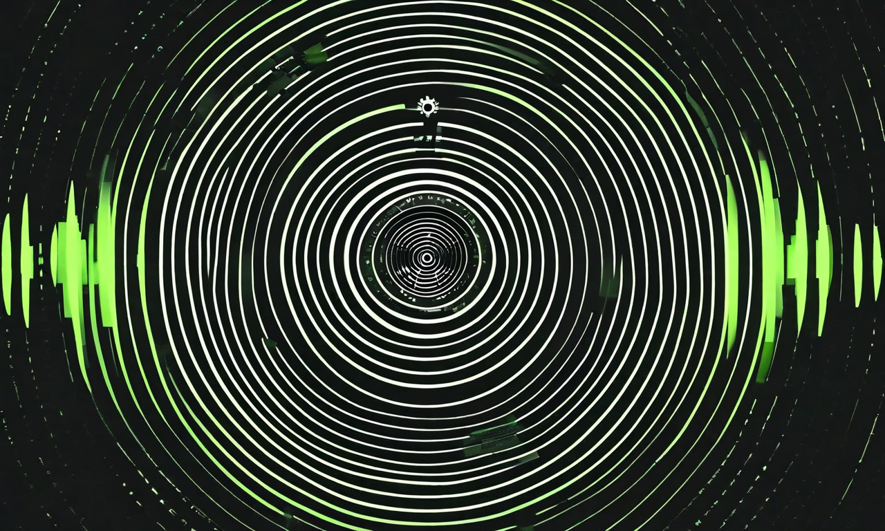 Abstract visualization showing intersecting sound waves and radioactive symbols in monochromatic tones with glowing green accents, representing the sonic embodiment of invisible radiation through minimalist geometric patterns