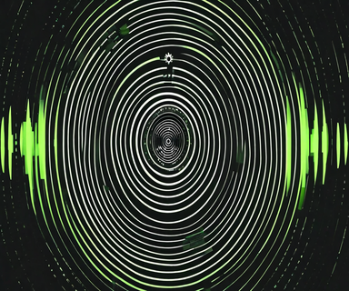 Abstract visualization showing intersecting sound waves and radioactive symbols in monochromatic tones with glowing green accents, representing the sonic embodiment of invisible radiation through minimalist geometric patterns