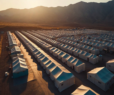 Aerial view of organized emergency shelter facilities and humanitarian response infrastructure in an earthquake-affected region, showing temporary housing and coordination centers against a mountainous landscape