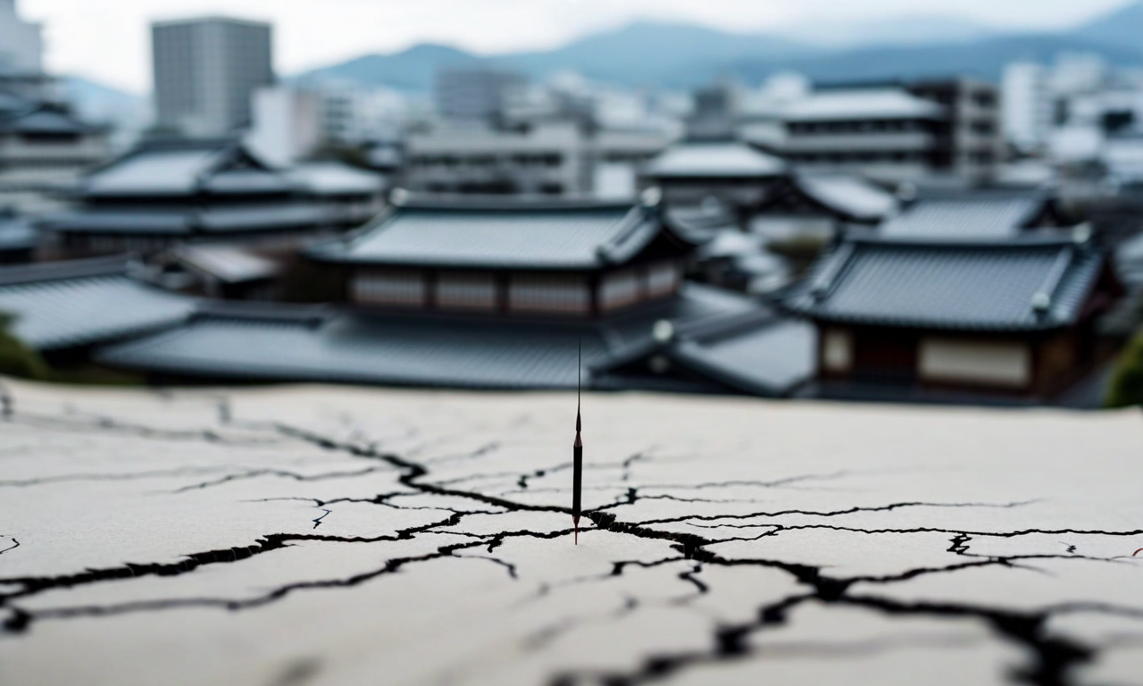Seismograph recording active earthquake tremors with zigzag lines in foreground, aerial view of Kumamoto city buildings in background under cloudy skies