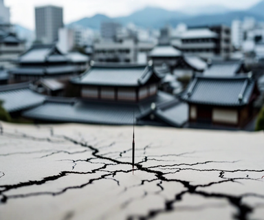 Seismograph recording active earthquake tremors with zigzag lines in foreground, aerial view of Kumamoto city buildings in background under cloudy skies