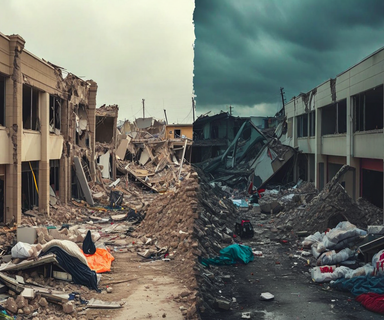 Split scene depicting earthquake aftermath showing damaged infrastructure on one side and emergency disaster response operations with shelters and medical care on the other, illustrating the distinction between direct and disaster-related mortality