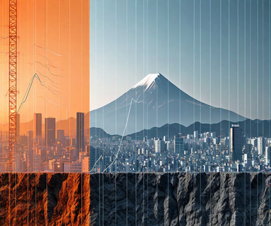 Cross-section illustration of earthquake fault lines with seismic activity patterns overlaid on a Japanese urban landscape silhouette, depicting earthquake monitoring and alert systems in Kumamoto prefecture