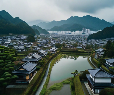 Aerial view of a Japanese residential area near a water reservoir during emergency weather conditions, showing the relationship between housing and water management infrastructure in Nagaoka-kyō City
