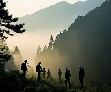 Early morning scene of a misty forested mountain area in rural Japan with search and rescue personnel silhouettes among trees, depicting an organized search operation in challenging terrain