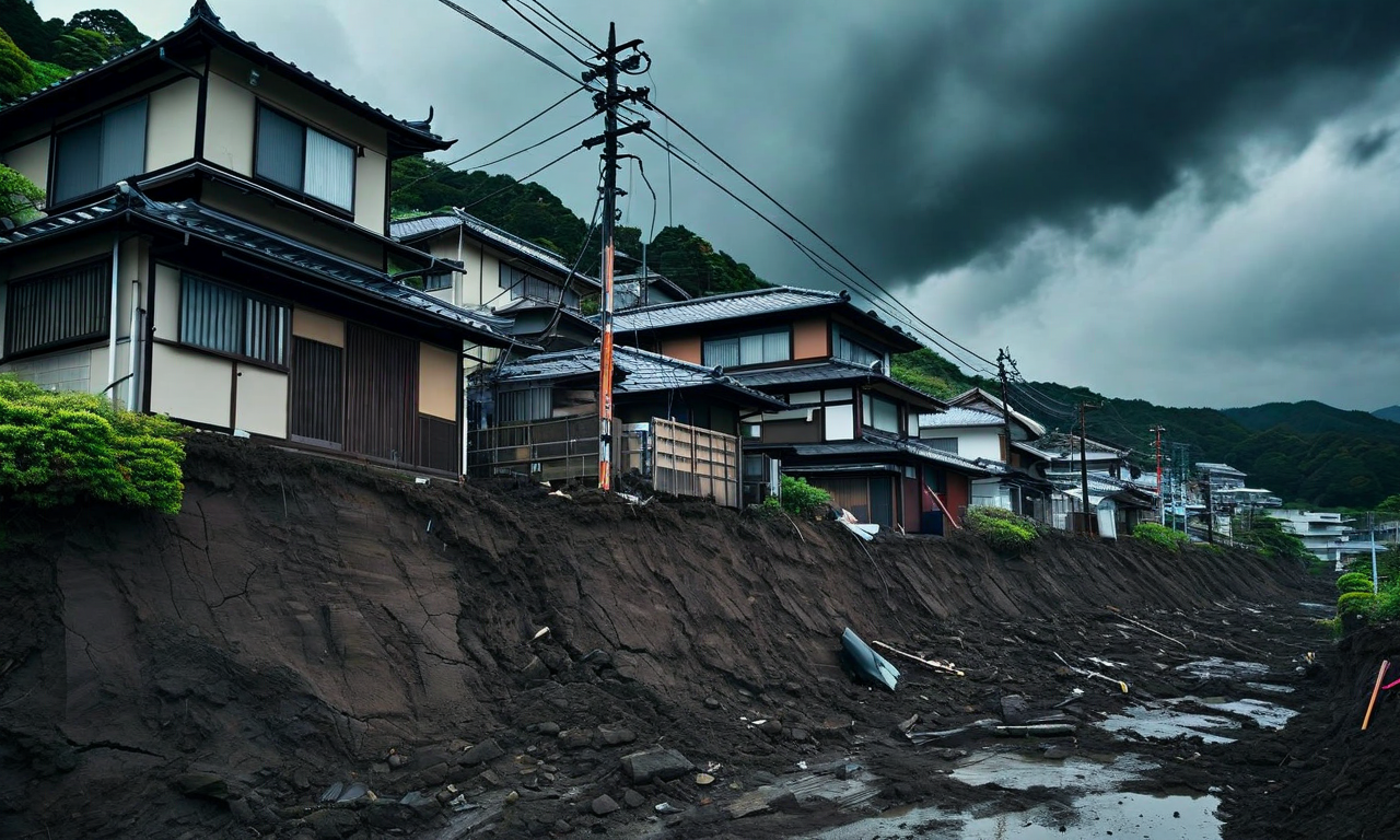 A hillside residential area in Japan during a landslide emergency, showing houses on a slope with residents taking protective shelter actions as dark storm clouds gather overhead, illustrating the critical moment when evacuation transitions to in-place survival measures.