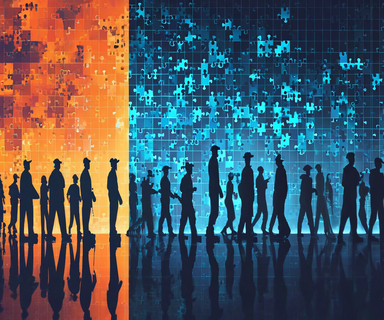 Split-screen illustration contrasting traditional occupational groupings on the left with detailed task-level analysis on the right, showing workers represented as mosaic patterns with highlighted AI-exposed tasks in blue, connected by flowing data particles