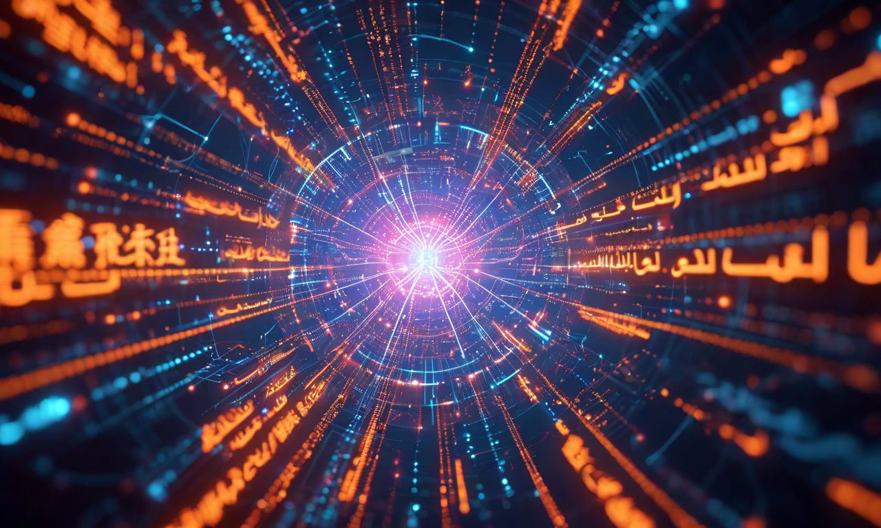 複数の言語が等しい明るさと視覚的な重要性を持つ発光ノードとして表現され、バランスの取れたネットワークで相互に接続されている。異なる文字体系（ラテン文字、アラビア文字、中国語、デーヴァナーガリー文字、キリル文字）が中央のハブから対称的に放射状に広がり、言語間の格差が解消された公平なAIシステムの理想像を視覚化している。