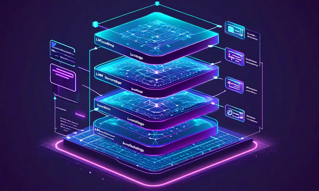 多言語LLMシステムの実装アーキテクチャを示す3層構造の概念図。上層は言語固有の微調整を表現する複数の言語ノードの相互接続、中層は文化的コンテキスト統合を示す異なる文化と知識領域のシンボル表現、下層はローカル知識ベース接続を表すデータベースアイコンと情報フロー。層間は発光する接続線で結ばれており、モダンなテック美学で青、紫、シアンの色パレットを使用した幾何学的デザイン。