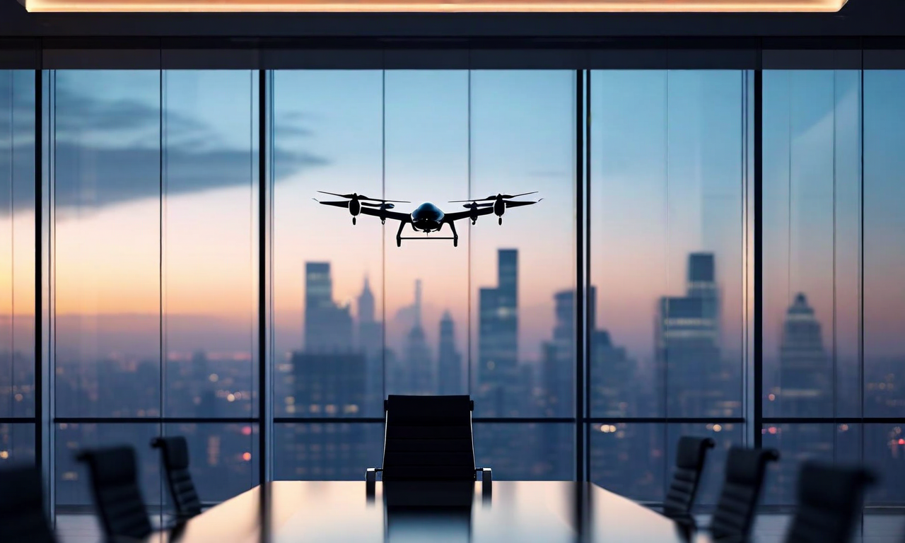 An empty executive chair at a boardroom table with futuristic flying vehicles visible through windows in the background, symbolizing leadership departure at an eVTOL aviation company