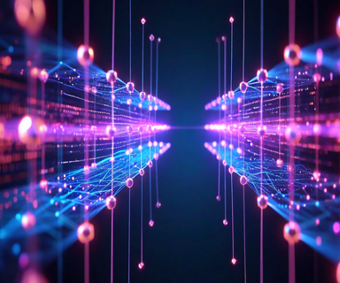 Two neural network structures exchanging data through direct luminous streams between their internal layers, with a faded text serialization path shown as an inefficient alternative in the background